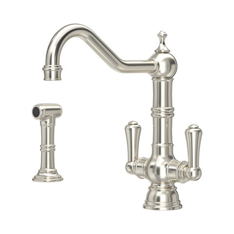 Hochbogen-Küchenarmatur im Landhausstil, Zweigriffmischer mit seitlicher Handbrause, Oberfläche gebürstetes Nickel – Mischbatterie für Spülbecken