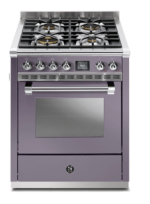 Gasherd mit vier Kochfeldern und Backofen in lila Farbe, modernes Design