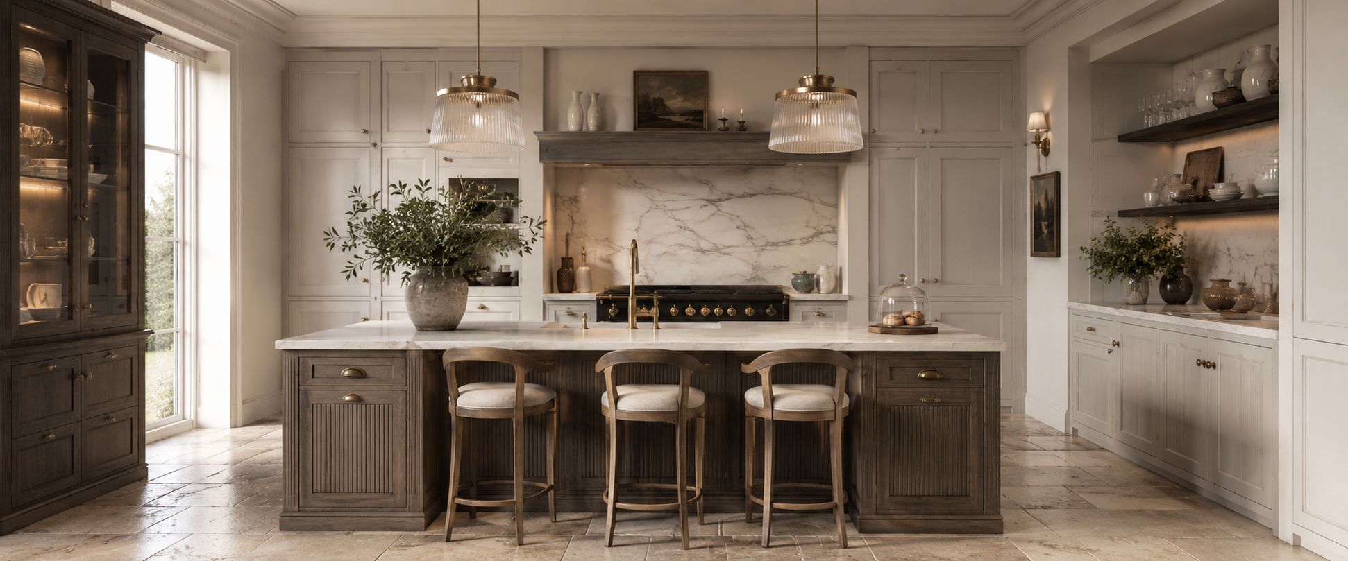Hochwertige Einbauküche: große Holz-Kücheninsel mit Marmor-Arbeitsplatte, Marmor-Rückwand, drei gepolsterten Barhockern, Pendelleuchten, schwarzem Gasherd mit Messingdetails und viel Stauraum – ideale Inspiration für Küchenplanung