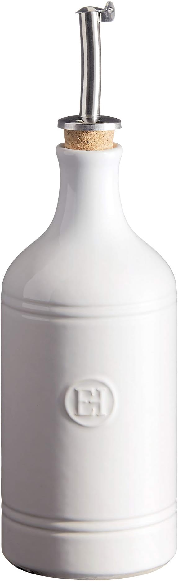 Weißer Emile Henry Ölgießer 0,4 l aus Keramik mit Kork und Edelstahl-Ausgießer; lichtundurchlässig für Olivenöl, kontrolliertes Dosieren; erhältlich in Weiß/Farine und Blau/Blaue Flamme