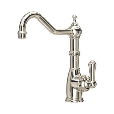 Produktfoto einer Küchenarmatur im Retro-/Vintage-Design, Einhebelmischer mit seitlichem Hebel und hohem Schwanenhals-Auslauf in poliertem Nickel, für Spülbecken/Spüle