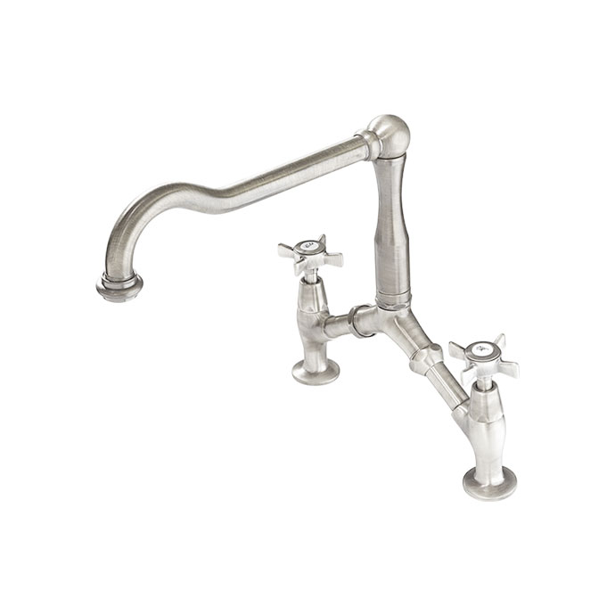 Küchenarmatur im klassischen Design mit zwei Kreuzgriffen und gebogenem Auslauf, Edelstahloptik Zweigriff Küchenarmatur im Vintage-Stil aus Edelstahl mit gebogenem Auslauf und Kreuzgriffen