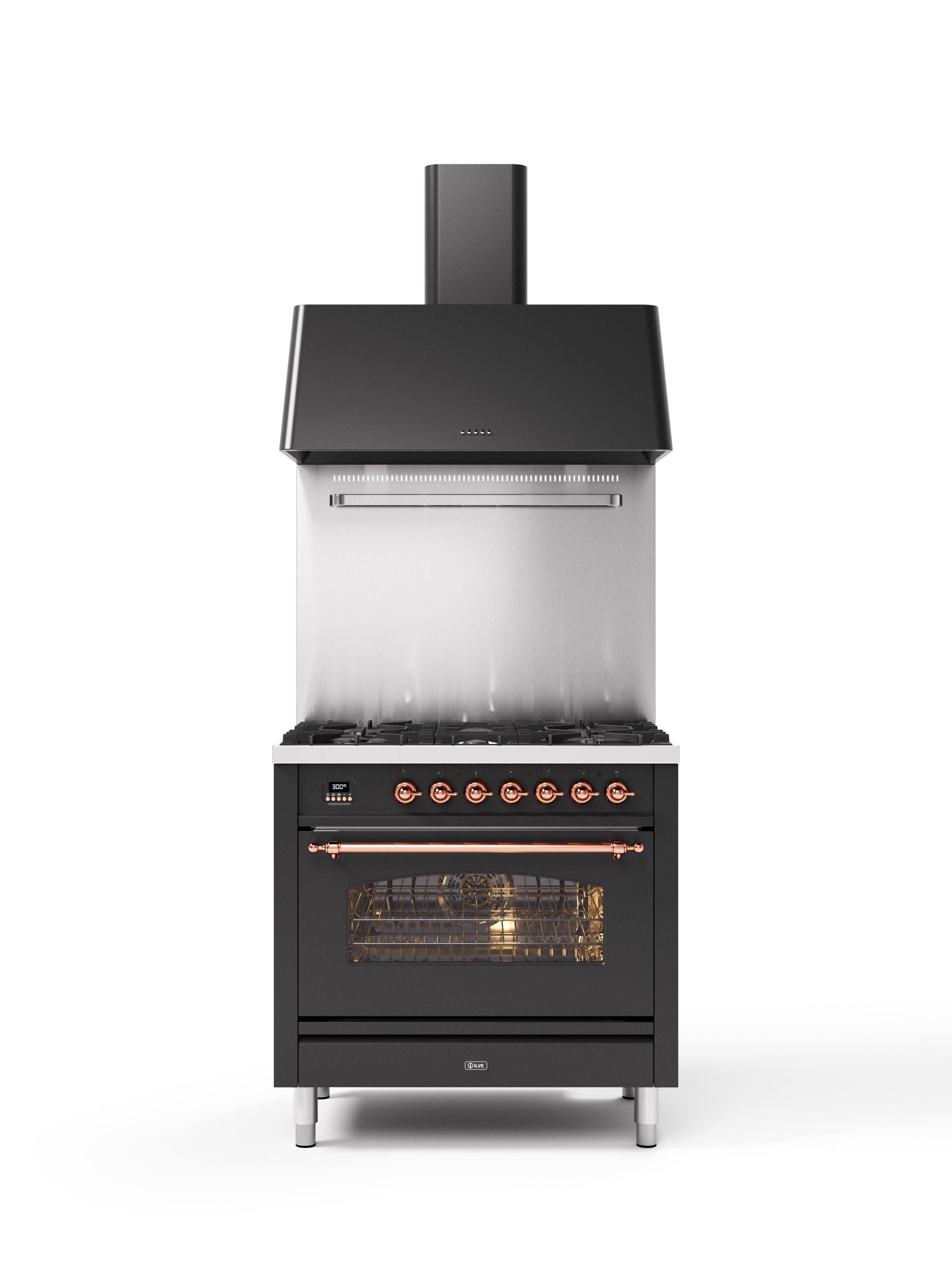 Hochwertiger schwarzer Gasherd mit Backofen und Dunstabzugshaube für die moderne Küche Schwarzer Standherd mit Backofen, sieben Drehknöpfen, breiter Dunstabzugshaube und beleuchtetem Garraum auf weißem Hintergrund