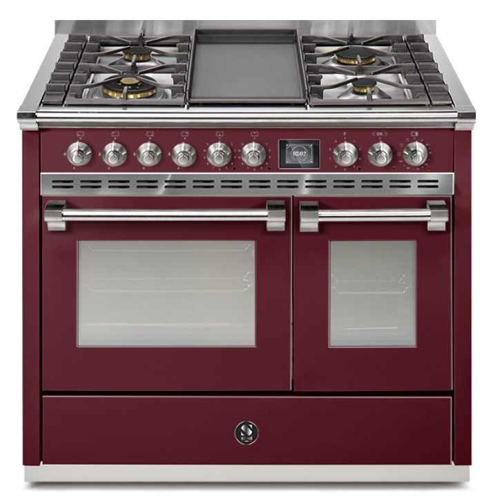 Bordeauxroter Gasherd mit sechs Kochfeldern, zwei Backöfen und Edelstahlverkleidung, ideal für die moderne Küche