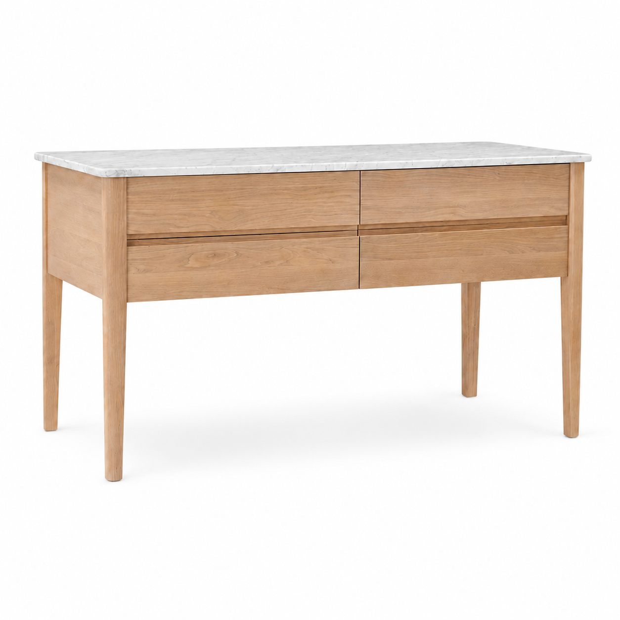 Helles Holz-Sideboard mit weißer Marmorplatte und 4 Schubladen, schlanke Beine, modernes skandinavisches Design – ideal als Anrichte, Kommode oder Konsole