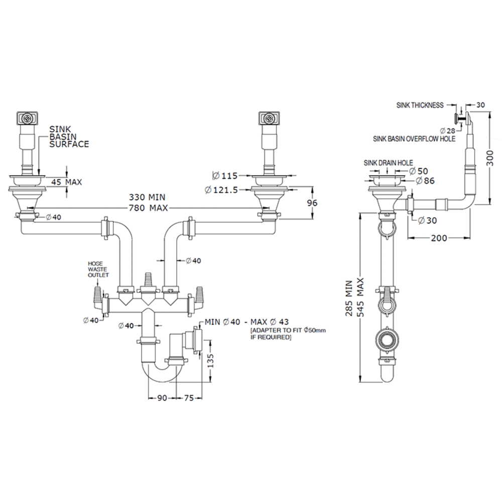 Technische Zeichnung: Ablaufgarnitur für Doppelspüle, Siphon mit Überlauf, Geräteanschluss; verstellbare Rohrlängen 330–780 mm, Anschluss Ø40 mm, Einbauhöhe 285–545 mm