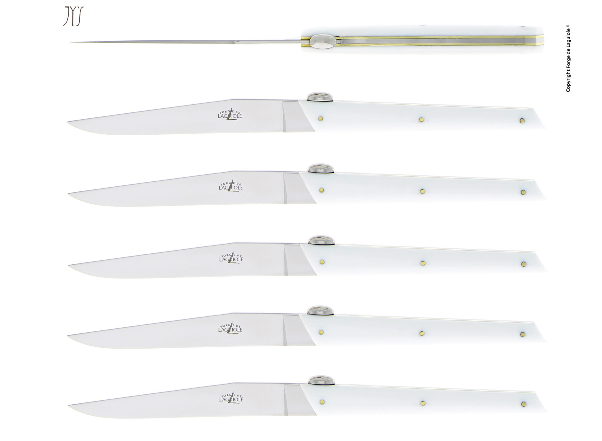 Set aus sechs weißen Laguiole Tafelmessern mit Edelstahlklingen – elegante Tischmesser im modernen Design Sechs weiße Laguiole Tafelmesser mit Edelstahlklinge nebeneinander angeordnet, modernes und elegantes Design für den Esstisch