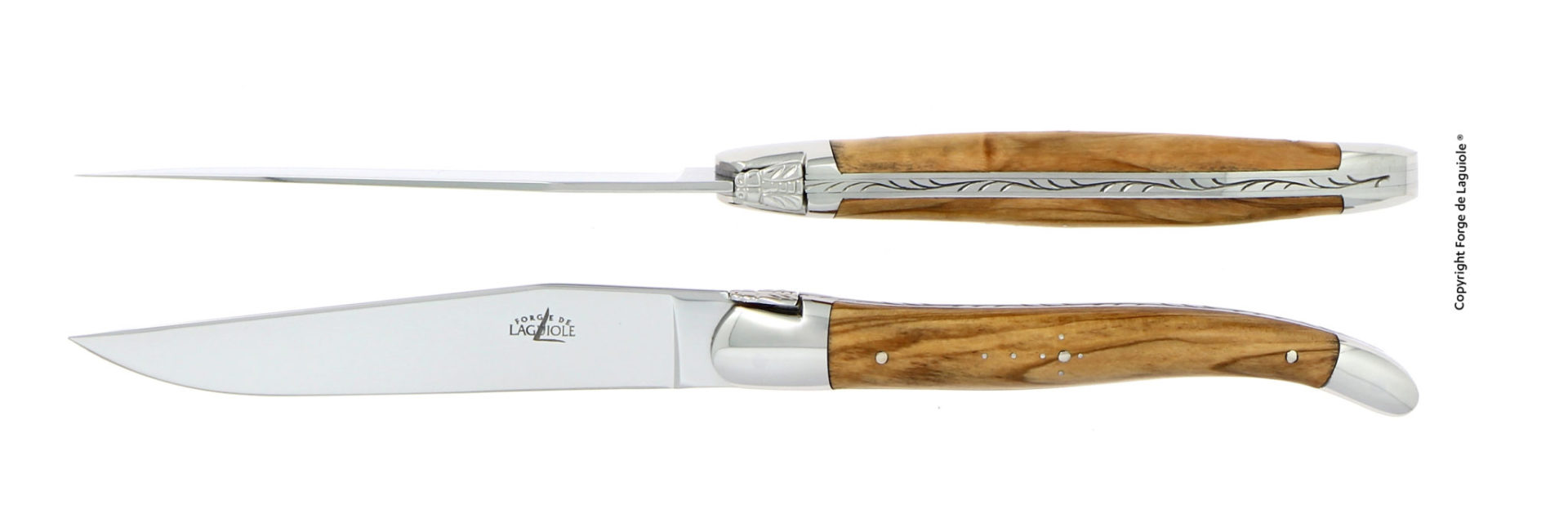 Laguiole Taschenmesser mit Olivenholzgriff und handgefertigter Klinge aus Edelstahl Traditionelles Laguiole Taschenmesser mit Olivenholzgriff, Edelstahlklinge und dekorativer Rückenverzierung, Seitenansicht