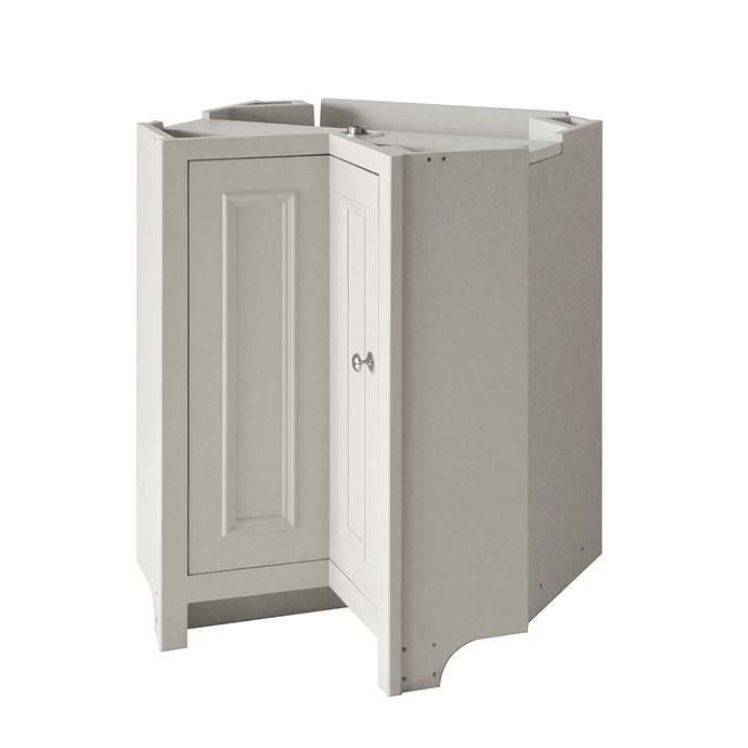 Eckunterschrank in Weiß mit Front und Tür – ideal für Küchen und platzsparende Aufbewahrung Weißer Eckunterschrank für die Küche mit klassischer Front und Tür, optimal für die Nutzung von Ecken im Raum