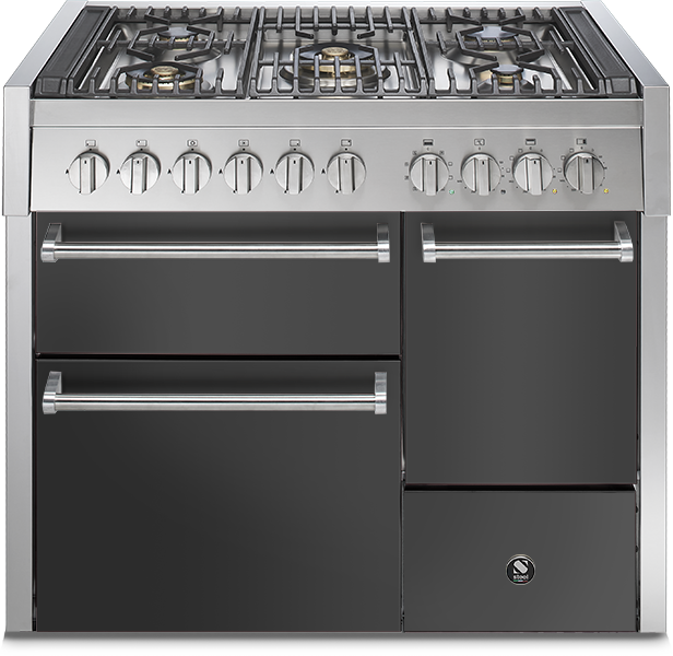 Großer Gasherd mit sechs Kochfeldern, mehreren Backöfen und Edelstahldesign, ideal für professionelle Küchen