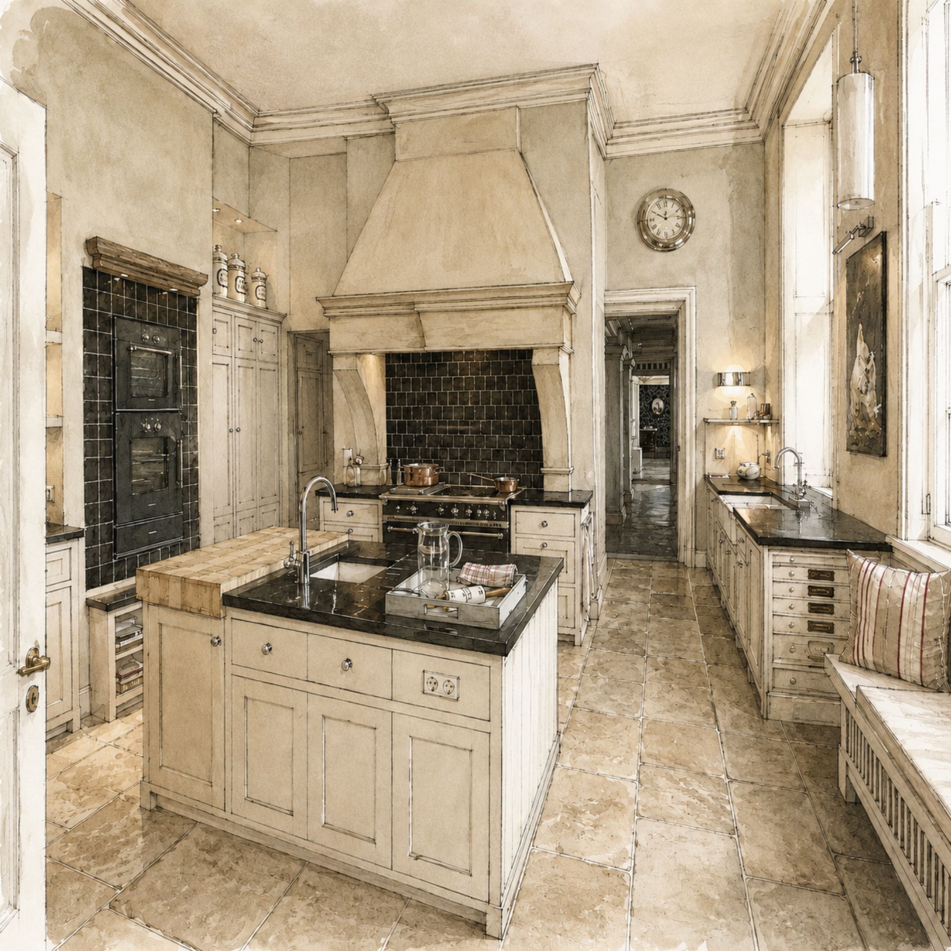 Hochwertige Landhausküche in Creme mit Kochinsel, schwarzer Granitarbeitsplatte, großem Herd unter breiter Haube, dunklem Fliesenspiegel und Fensterbank-Sitzplatz – ideale Einbauküche für stilvolles Kochen