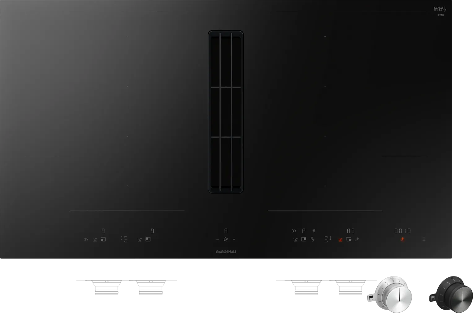 Gaggenau Induktionskochfeld mit integriertem Dunstabzug, modernes Kochfeld in Schwarzglas Modernes Gaggenau Induktionskochfeld mit zentralem Dunstabzug und Drehreglern, elegante schwarze Oberfläche