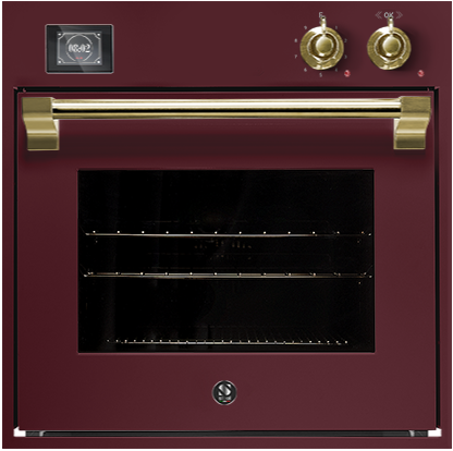 Steel Ascot Backofen 60 cm Kombi-Dampf, bordeauxrot mit Messinggriff; Einbaubackofen mit moderner Dampftechnik für saftiges Garen und beste Backergebnisse, Frontansicht mit Display und Drehknöpfen