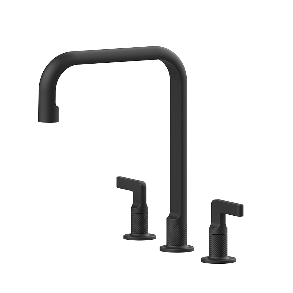 3-Loch Küchenarmatur schwarz matt mit gerändelten Griffen