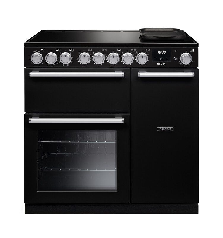 Schwarzer Falcon Nexus Range Cooker 90 cm mit Induktionskochfeld, großen Drehknöpfen, zwei Backöfen und separatem Grill – hochwertiger Standherd für präzises Kochen und Backen