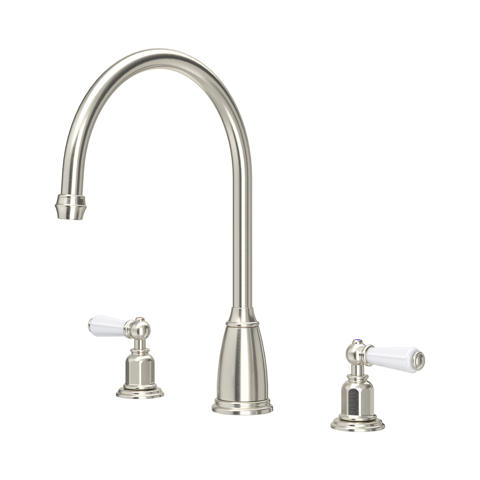 3-Loch Küchenarmatur mit hohem Schwanenhals und zwei Hebelgriffen; Oberfläche gebürstetes Nickel; klassische weiße Porzellangriffe – Mischbatterie für die Spüle im Retro-Design