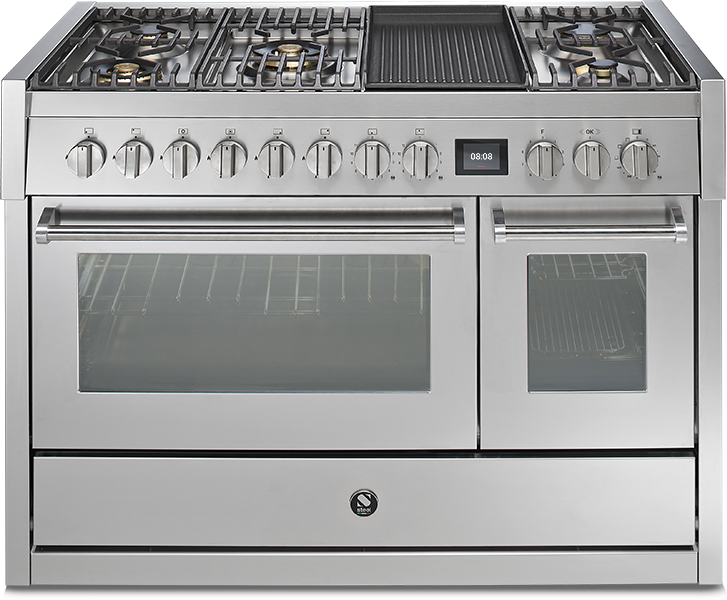 Professioneller Edelstahl-Backofen mit Gasherd und Grillfunktion für die moderne Küche Großer Edelstahl-Backofen mit zwei Türen, Gasherd und Grillfläche, ideal für Hobby- und Profiköche