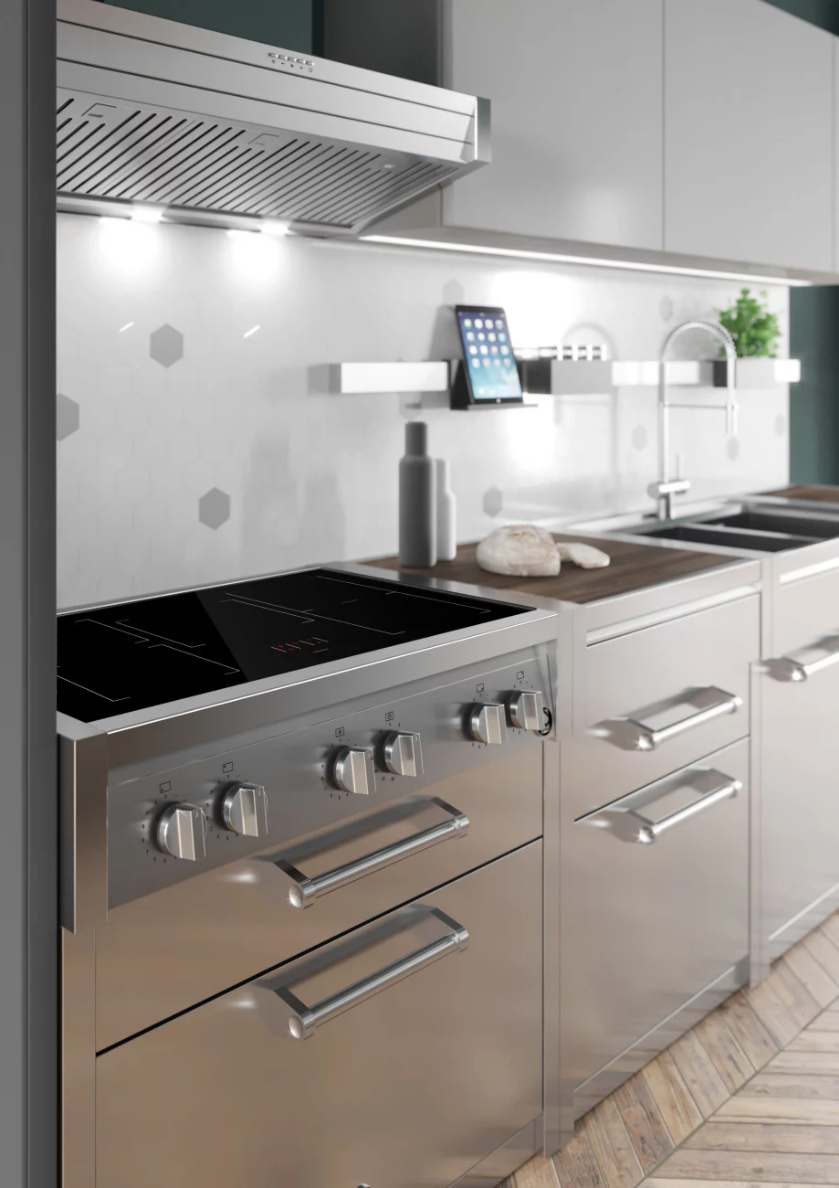 Elegante Edelstahlküche mit Induktionskochfeld, Dunstabzugshaube und stilvollem Design, inklusive Arbeitsplatte mit Spülbecken