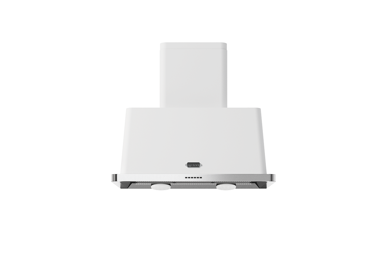 Weiße Wand-Dunstabzugshaube mit Drehknöpfen vorne