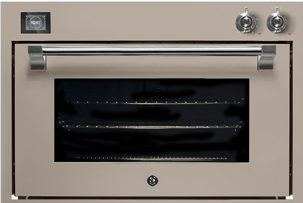 Cremefarbener Retro Einbau-Backofen mit großem Sichtfenster, zwei Drehknöpfen und Edelstahlgriff; ideal zum Backen, Braten und Grillen, passend für moderne und Landhausküchen
