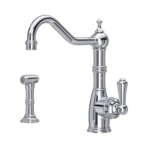 Hochglanz-verchromte Küchenarmatur im klassischen Design, Einhebelmischer mit hohem Schwenkauslauf und separater Seitenbrause; robustes Messing, ideal für Spülen