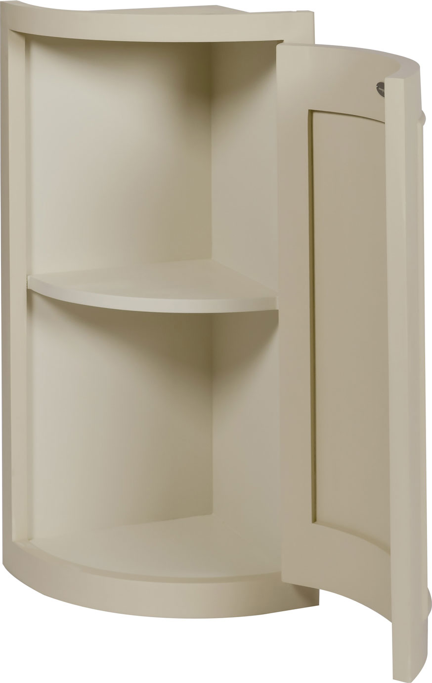 Eckschrank aus Holz in Beige mit einer Tür und Einlegeboden, ideal für Badezimmer oder Küche Beiger Eckschrank aus Holz mit einer geöffneten Tür und einem Einlegeboden, platzsparendes Design