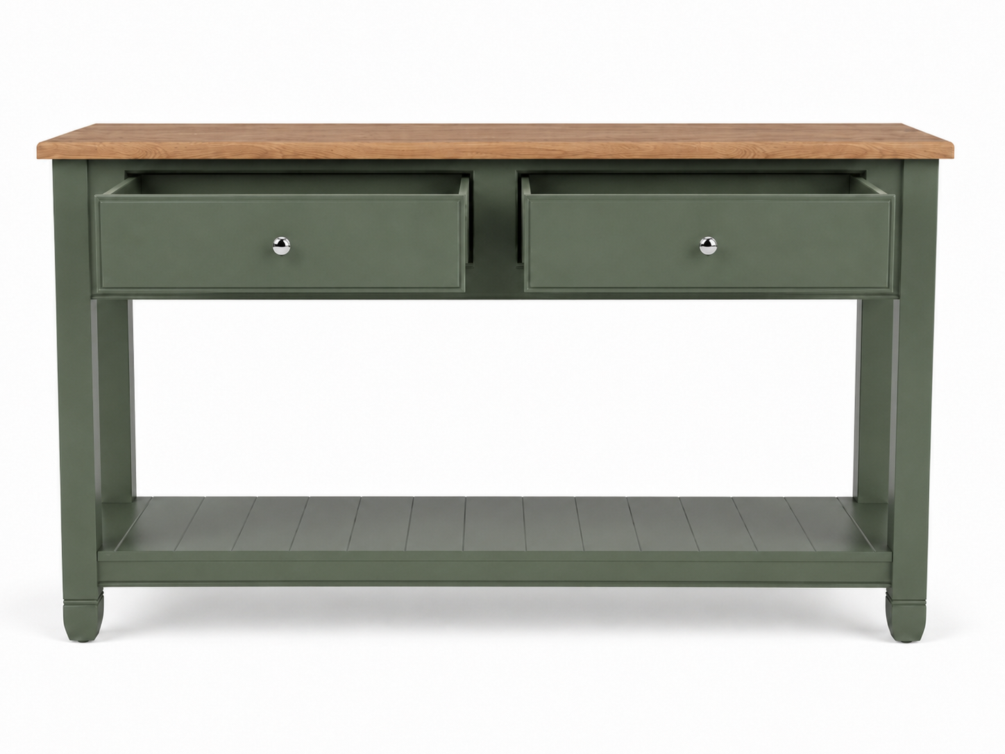 Konsolentisch in Olivgrün mit massiver Eichenplatte, zwei Schubladen mit Chromknopf und unterer Ablage – ideal als Sideboard, Flurtisch oder Küchenanrichte