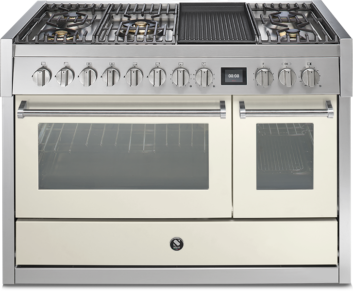 Freistehender Edelstahl-Gasherd mit zwei Öfen, Grillplatte und fünf Kochfeldern für die moderne Küche Gasherd aus Edelstahl mit zwei Backöfen, Grillplatte und fünf Kochfeldern, geeignet für anspruchsvolle Hobbyköche