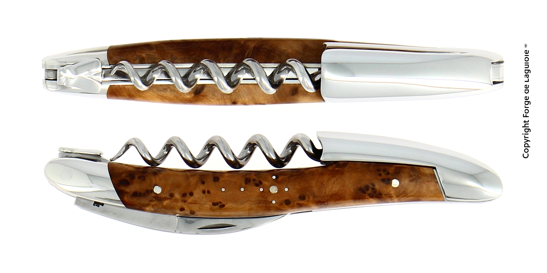 Laguiole Sommelier Kellnermesser mit Griff aus Maserholz und Edelstahl Zwei Ansichten eines hochwertigen Laguiole Kellnermessers mit Korkenzieher und Griff aus edlem Maserholz und Edelstahl