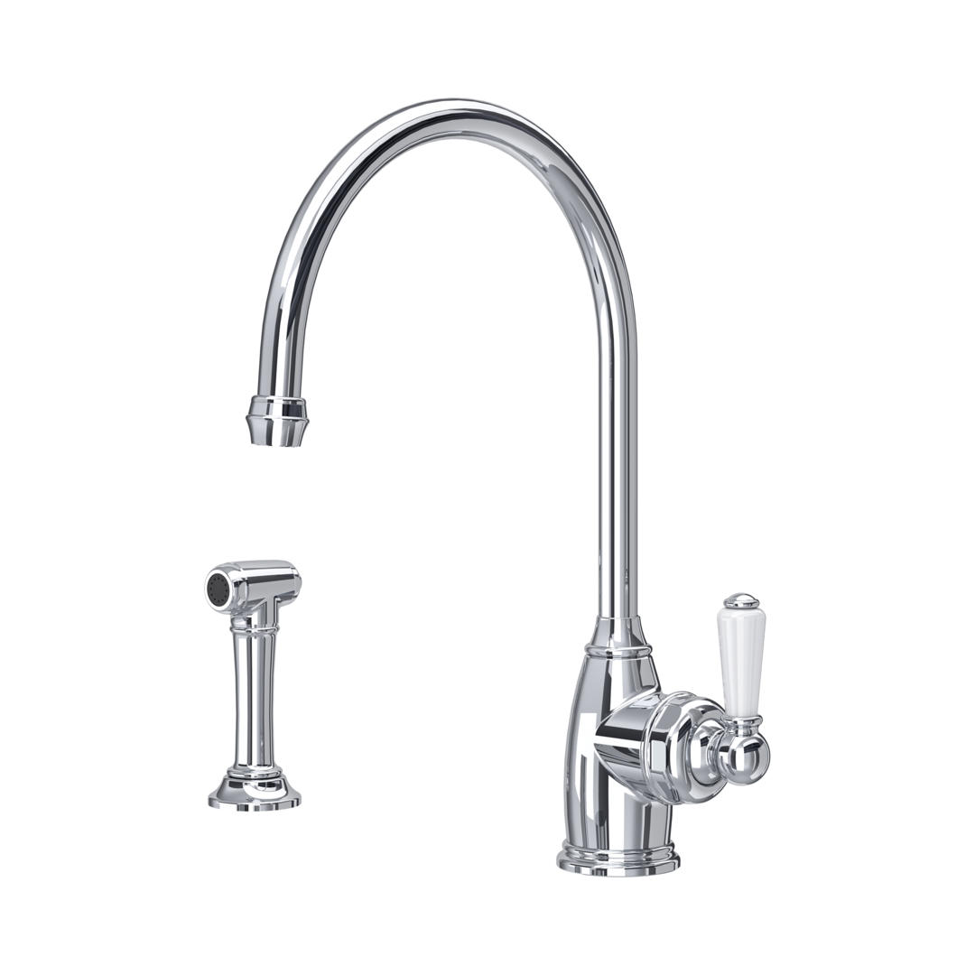 Küchenarmatur aus Chrom mit hohem Auslauf und separater Seitenbrause; Einhebelmischer mit weißem Porzellangriff – elegante Retro-Spültischarmatur für die Küche