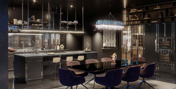 Moderne luxuriöse Küche in dunklem Design: große Kücheninsel mit Marmor-Optik, Barhocker, schwarzer Esstisch mit Polsterstühlen, Pendelleuchten und hochwertige Einbaugeräte – Ambiente für exklusive Küchenausstattung