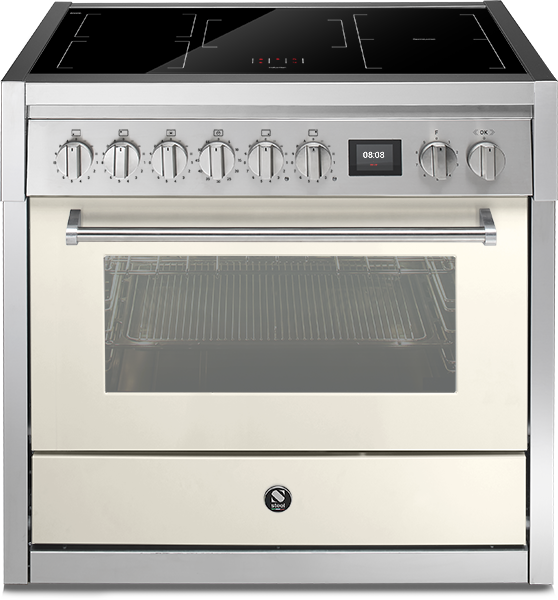 Induktionsherd mit großem Backofen und Edelstahlfront für moderne Küchen Moderner Standherd mit Induktionskochfeld, Edelstahlfront und großem Backofen mit Glasfenster