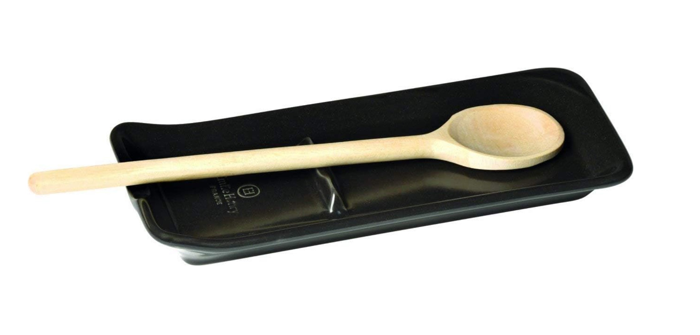 Schwarze Keramik-Löffelablage mit langem Holzkochlöffel, ideal zum hygienischen Ablegen von Küchenutensilien neben Herd oder Topf