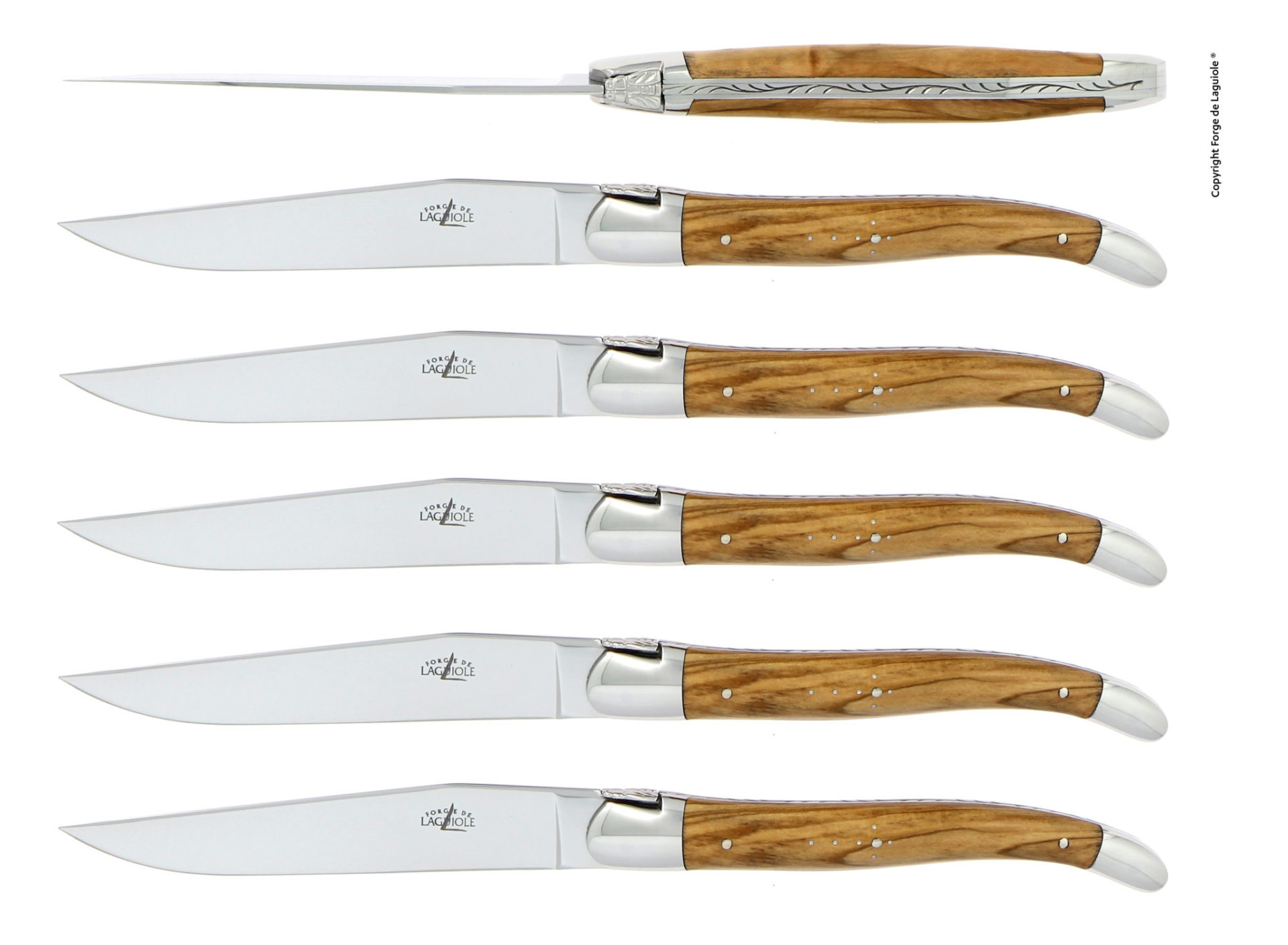 Laguiole Steakmesser Set mit Olivenholzgriff, 6-teilig, handgefertigt Sechs hochwertige Laguiole Steakmesser mit Edelstahlklinge und Olivenholzgriff, französisches Design