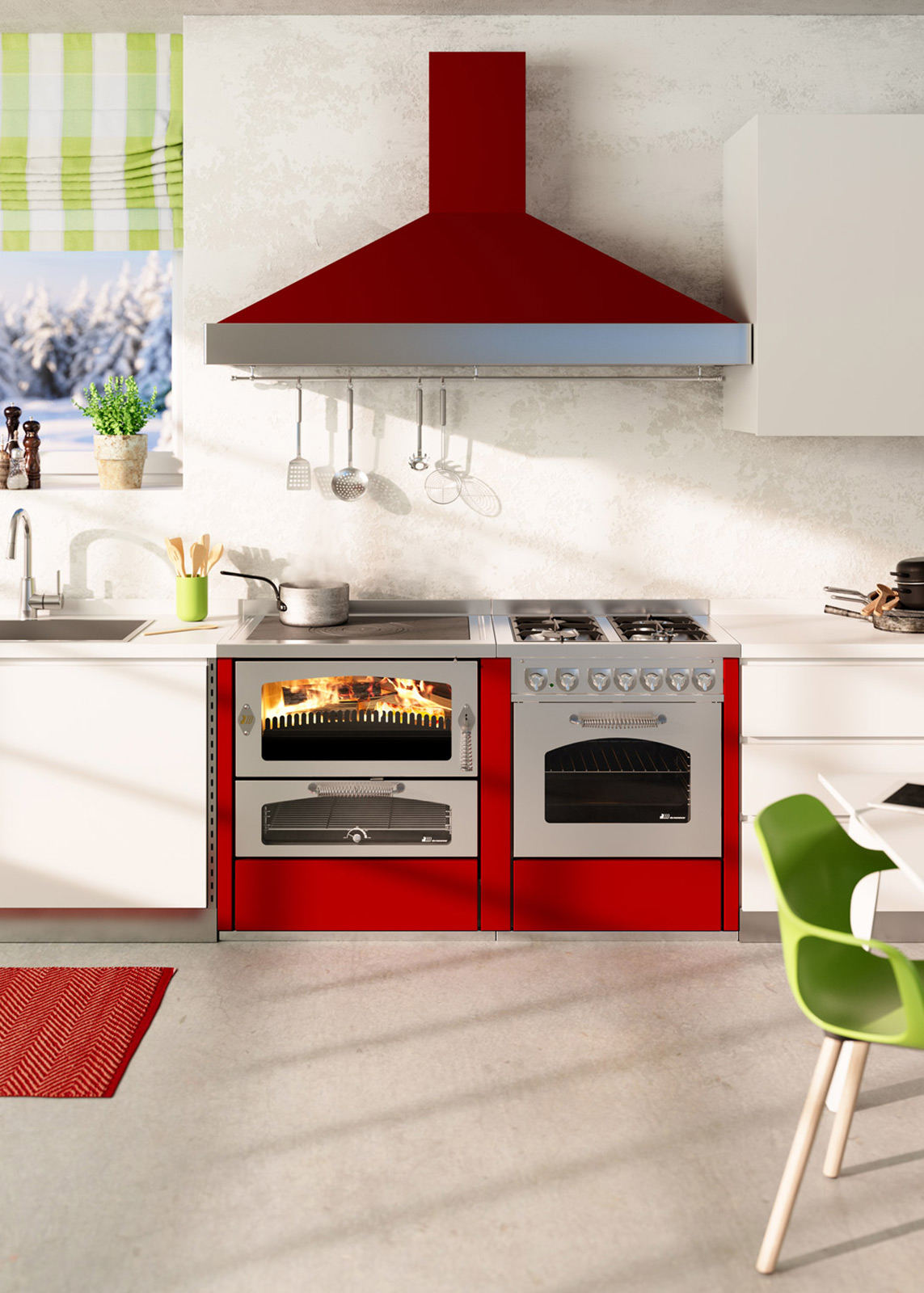 Moderne Küche mit rot-silbernem Herdset, Gaskochfeld und Dunstabzugshaube Elegante Küche mit rotem Herd, Gas-Kochfeld, Backofen und Kaminhaube, daneben helle Möbel und Fenster mit grün-weißem Vorhang