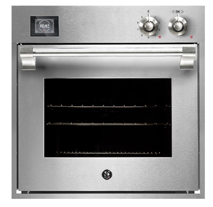 Vorderansicht eines modernen Einbau-Backofens aus Edelstahl mit Digitalanzeige, zwei Drehreglern und großer Glastür