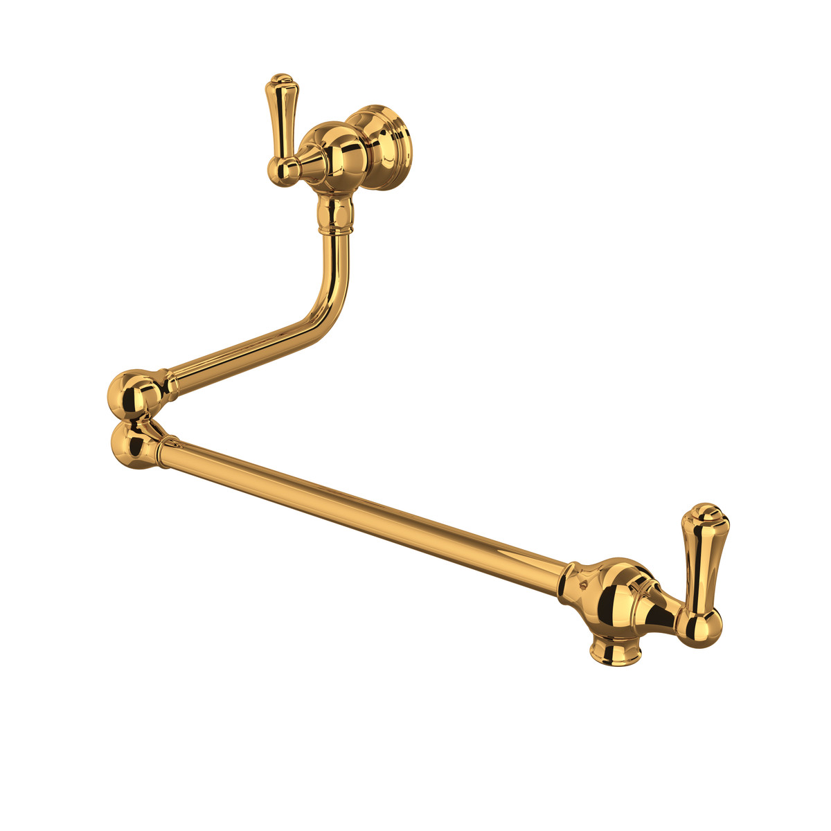 Schwenkbare Wandarmatur in goldener Messingoptik mit klassischen Griffen, geeignet für Küchen oder Hauswirtschaftsräume