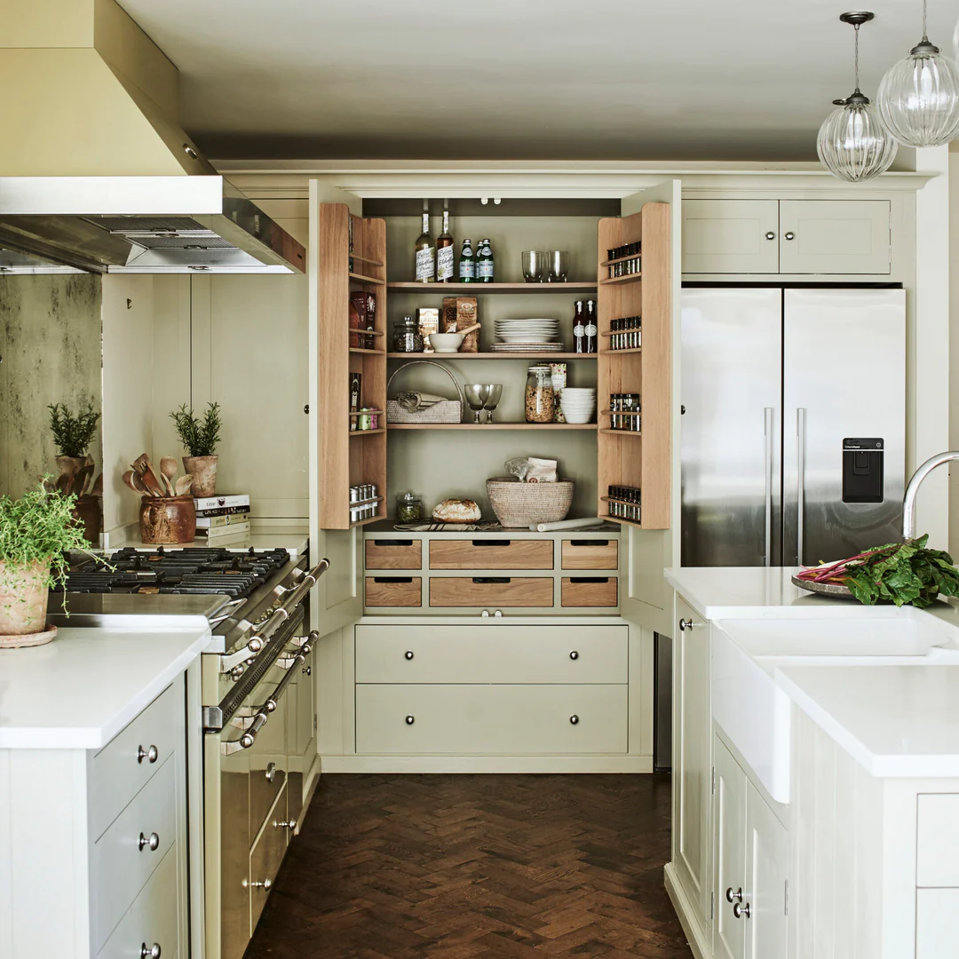 Offener Pantry-Küchenschrank in Creme mit Eiche-Innenleben, Gewürzregalen in den Türen, Schubladen und Fächern; inszeniert in moderner Landhausküche mit Gasherd, Kücheninsel und Edelstahl-Kühlschrank