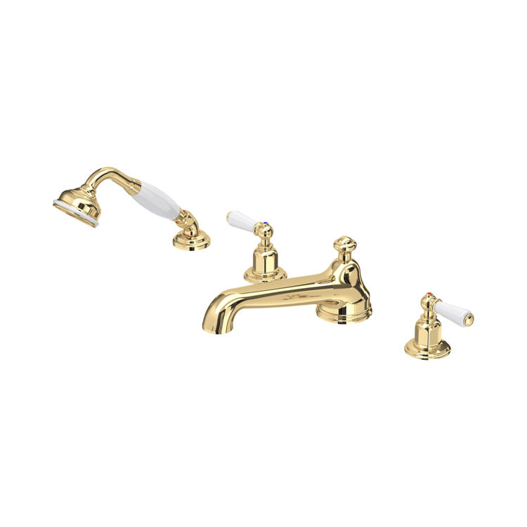Perrin & Rowe Traditional 3737 4-Loch-Badewannenarmatur mit Hebelgriffen und Handbrause in Messing poliert