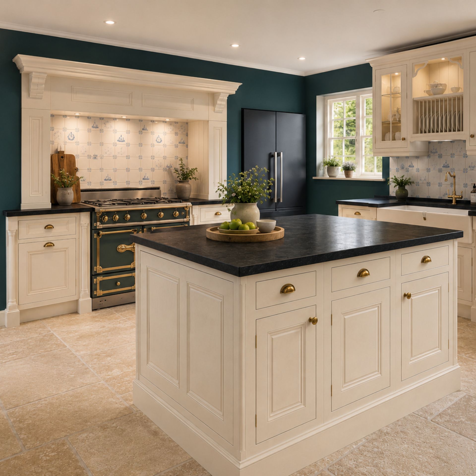 Exklusive Landhausküche mit cremefarbener Kücheninsel, schwarzer Arbeitsplatte, Messinggriffen, grünem Range-Cooker, gefliester Rückwand und Einbaukühlschrank – Inspiration für hochwertige Einbauküche