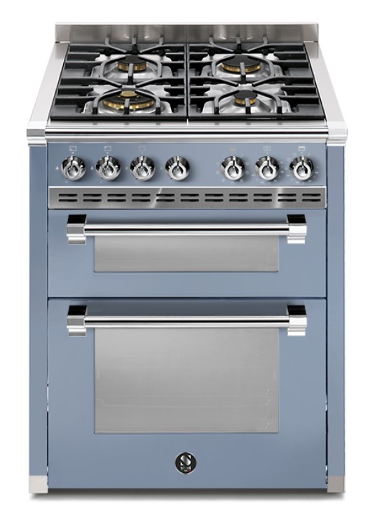 Blauer Gasherd mit vier Kochfeldern und zwei Backöfen, moderne Küchengeräte mit Edelstahl-Front für komfortables Kochen und Backen