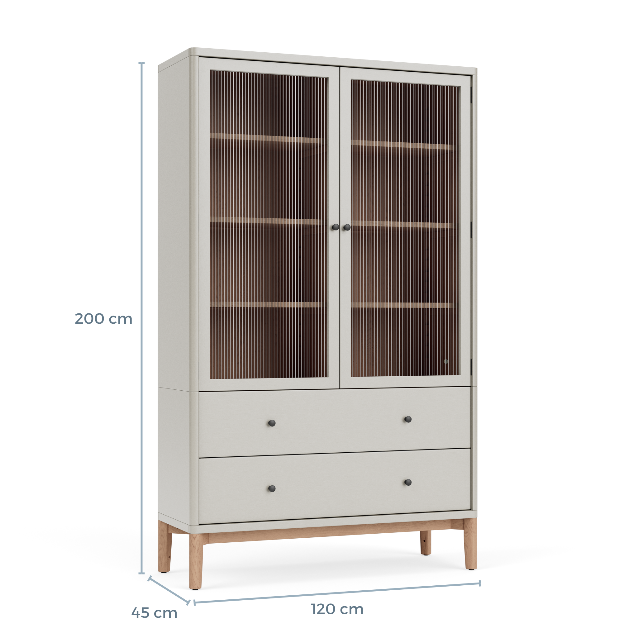 Weiße Vitrine mit Riffelglastüren, drei Einlegeböden und 2 Schubladen; Maße: H 200 cm, B 120 cm, T 45 cm; Korpus weiß, Beine aus Holz – ideal zur staubgeschützten Aufbewahrung und Präsentation.