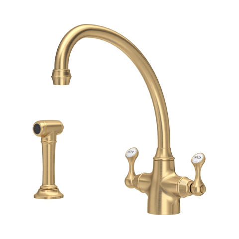 Goldene Küchenarmatur aus Messing: Zweigriffmischer mit hohem gebogenen Schwenkauslauf und separater Handbrause, Hot/Cold-Bedienung – elegantes Vintage-Design für die Küche