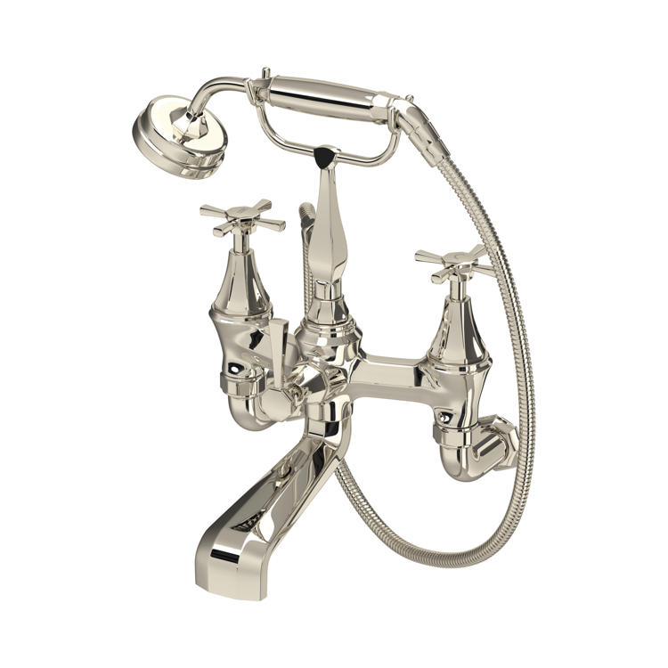 Vintage Badewannenarmatur aus poliertem Messing mit Handbrause und flexiblem Schlauch, 2‑Griff Mischer, Aufputzmontage – elegante Retro-Armatur fürs Bad