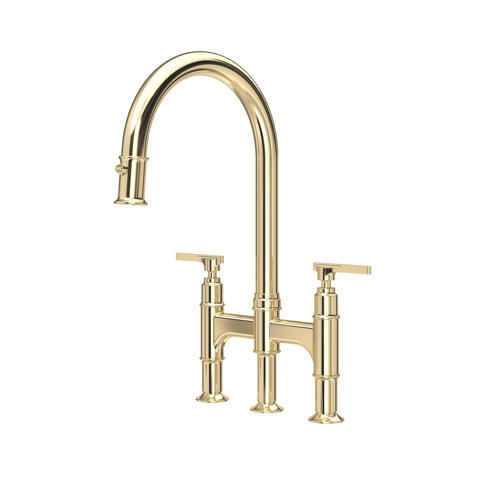 Goldene Perrin & Rowe Southbank Brückenarmatur mit hohem schwenkbarem Auslauf, zwei Hebeln und Ausziehbrause; Modell Io 4293, hochwertige Zweiloch-Küchenarmatur, handgefertigt in Großbritannien