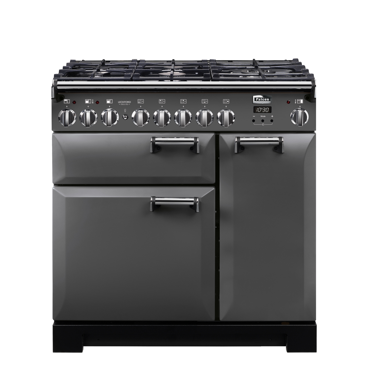 Modernes Herdset von Falcon in Grau mit Gas-Kochfeldern und mehreren Backöfen, ideal für große Küchen