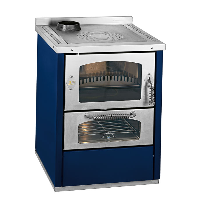 Blau-silberner Holzherd mit Backofen, klassische Ausführung für Küche oder Ferienhaus Freistehender Holzherd mit Backofen in Blau und Edelstahl mit zwei Sichtfenstern und Kochplatte