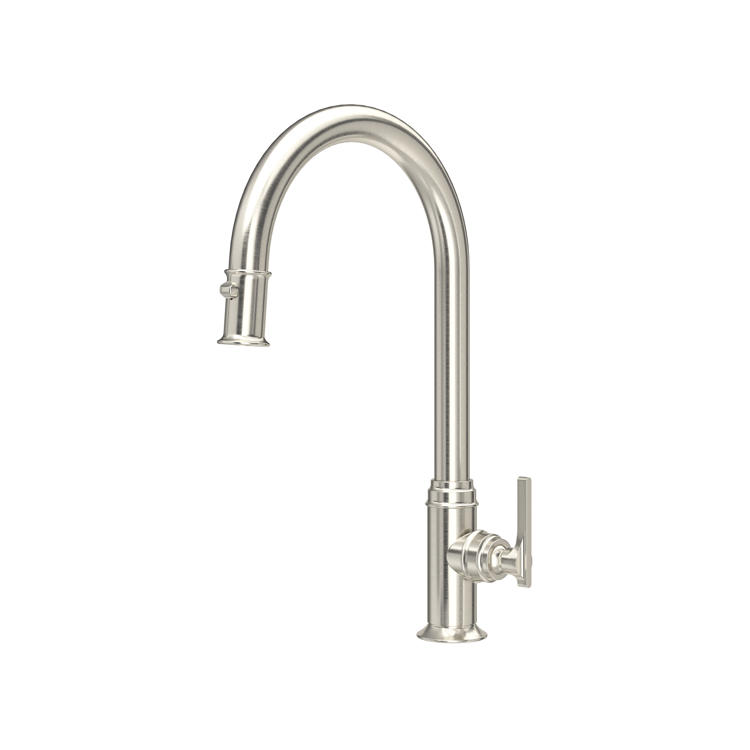 Elegante Spültischarmatur mit hohem Schwanenhals, Einhebel-Bedienung und gebürsteter Nickel-Oberfläche – ideal für Küchenspülen, präzise Wasserregelung, drehbarer Auslauf