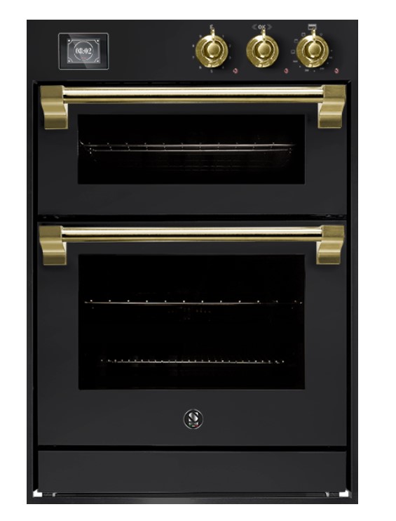 Moderner, schwarzer Backofen mit zwei Fächern und goldenen Bedienknöpfen sowie Griffen, geeignet für jede Küche