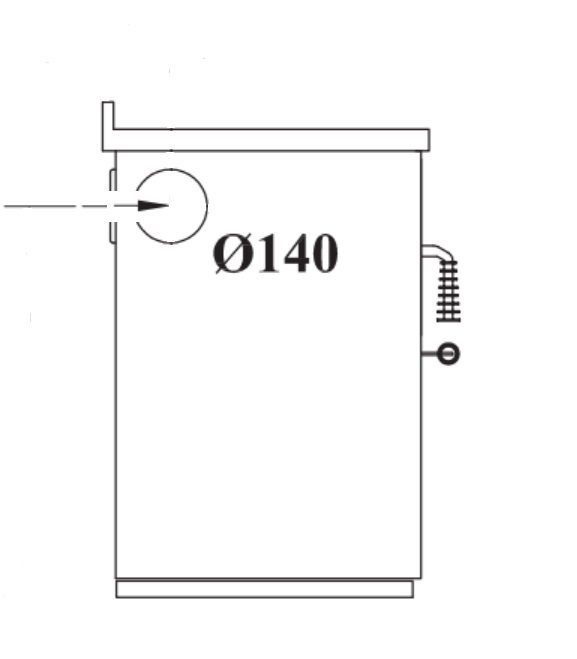 Technische Zeichnung eines Behälters mit Anschlussöffnung Durchmesser 140 mm Seitenansicht eines zylindrischen Behälters mit markierter Anschlussöffnung, Durchmesser 140 mm